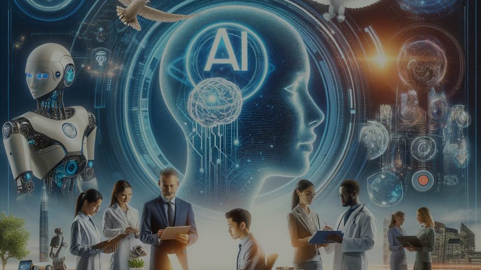 A visual blending human and artificial intelligence, featuring a central silhouette of a human head with a digital brain marked by 'AI'. To the left, a humanoid robot with blue eyes gazes towards the viewer, and a dove in flight suggests peace between technology and nature. In the foreground, diverse medical professionals and businesspeople engage with digital tablets and documents, symbolizing collaborative work. The backdrop includes futuristic holographic displays of scientific and technological imagery, all set against an urban skyline, merging the concept of advanced AI integration into modern society.