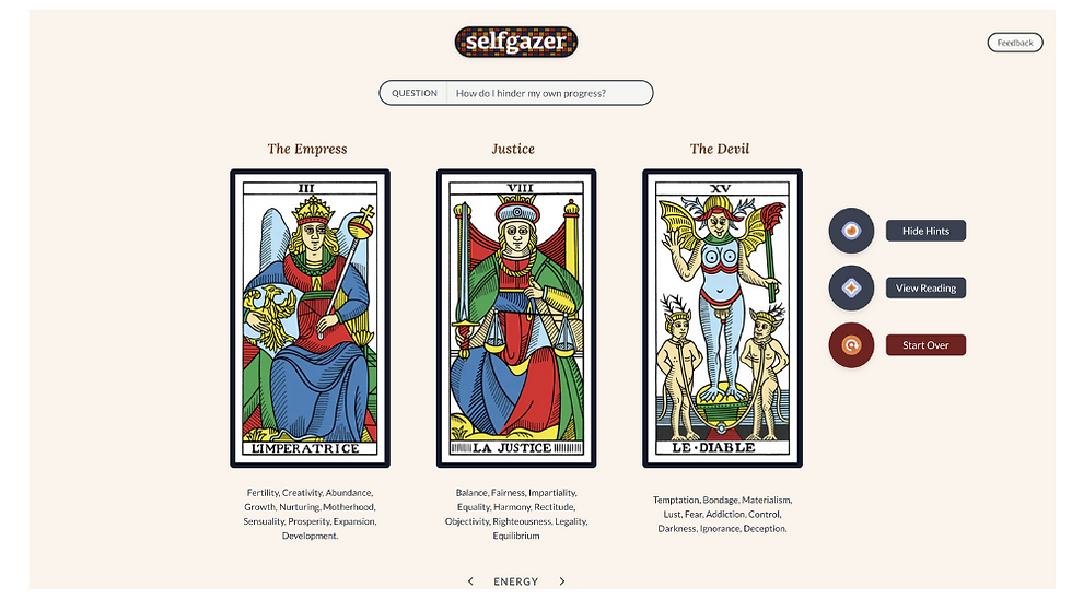 A screenshot of an online tarot card reading from the 'selfgazer' website, with the question 'How do I hinder my own progress?' posed at the top. The spread includes three tarot cards laid out horizontally. From left to right: 'The Empress' labeled as 'III', representing fertility, creativity, abundance, growth, nature, motherhood, sensuality, prosperity, expansion, and development; 'Justice' labeled as 'VIII', symbolizing balance, fairness, impartiality, equality, righteousness, legality, and equilibrium; and 'The Devil' labeled as 'XV', associated with temptation, bondage, materialism, lust, fear, addiction, control, darkness, ignorance, and deception. There are icons to the right for 'Hide Hints', 'View Reading', and 'Start Over'. A navigation arrow below the cards suggests more content, with the label 'ENERGY' indicating the theme of the next set of cards or information.