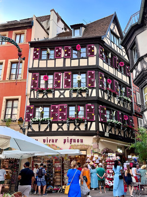 Bunte Fachwerkhäuser in der französischen Stadt Colmar nahe der Landesgrenze zu Deutschland Frankreich Urlaub