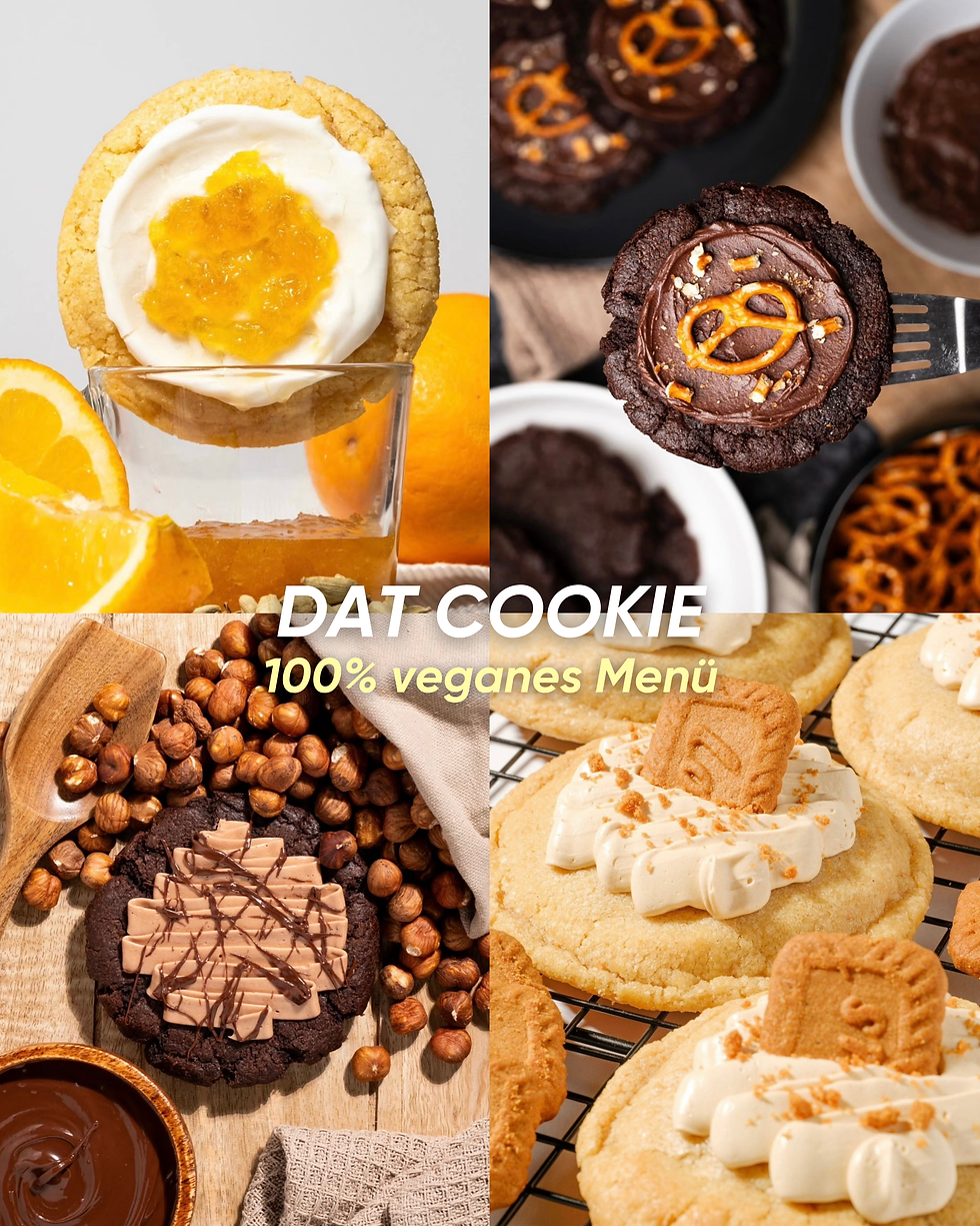 Collage aus veganen Cookies mit Orange, Schoko, Nüssen und Lotus-Creme; Text: DAT COOKIE, 100% veganes Menü.