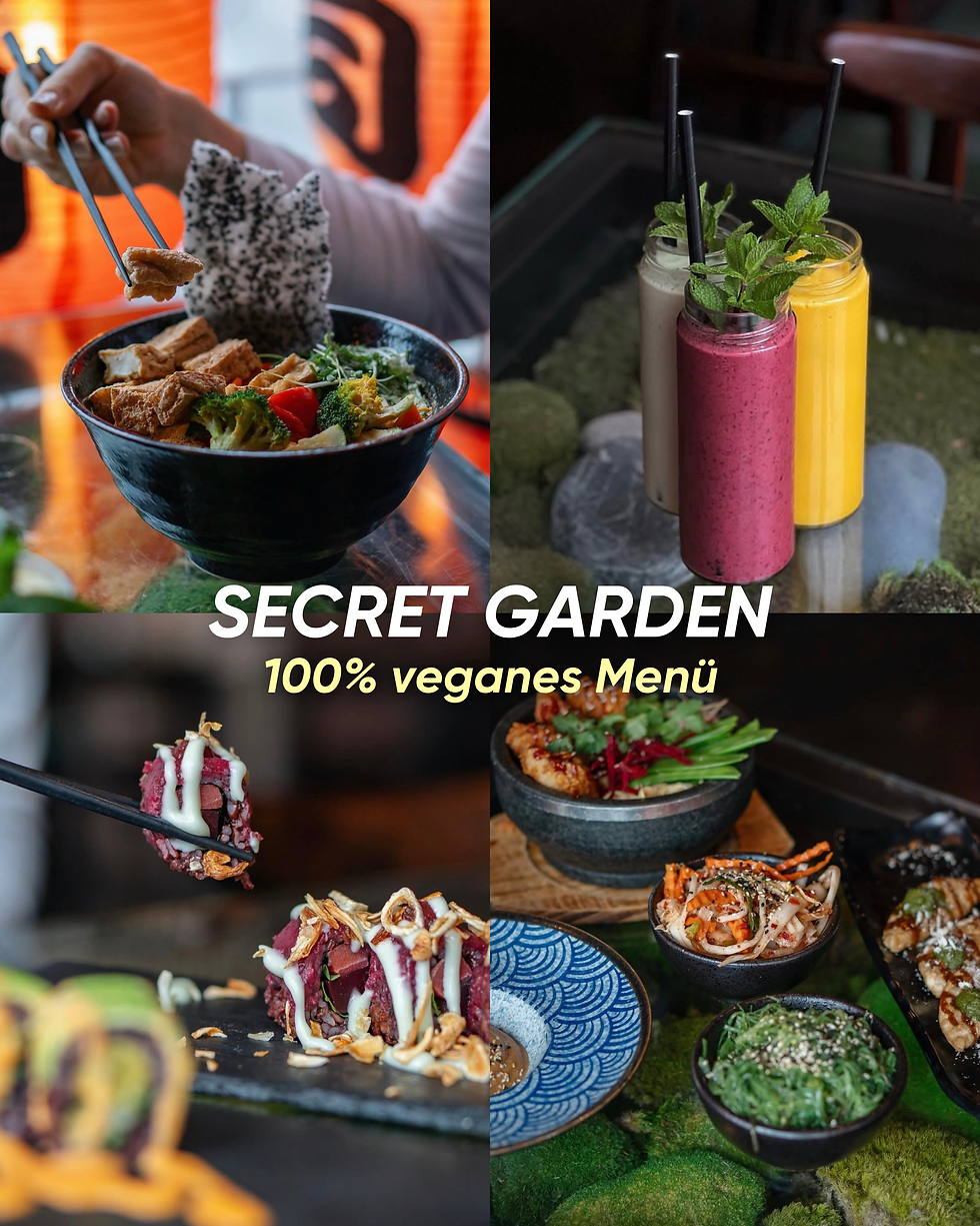 Collage mit veganen Gerichten von Secret Garden in Berlin: asiatische Bowl mit Tofu und Gemüse, bunte Smoothies, vegane Sushi-Kreationen und kleine Speisen zum Teilen. Das Bild zeigt Secret Garden als veganes Restaurant für Sushi, asiatische Küche und kreative Hauptgerichte.
