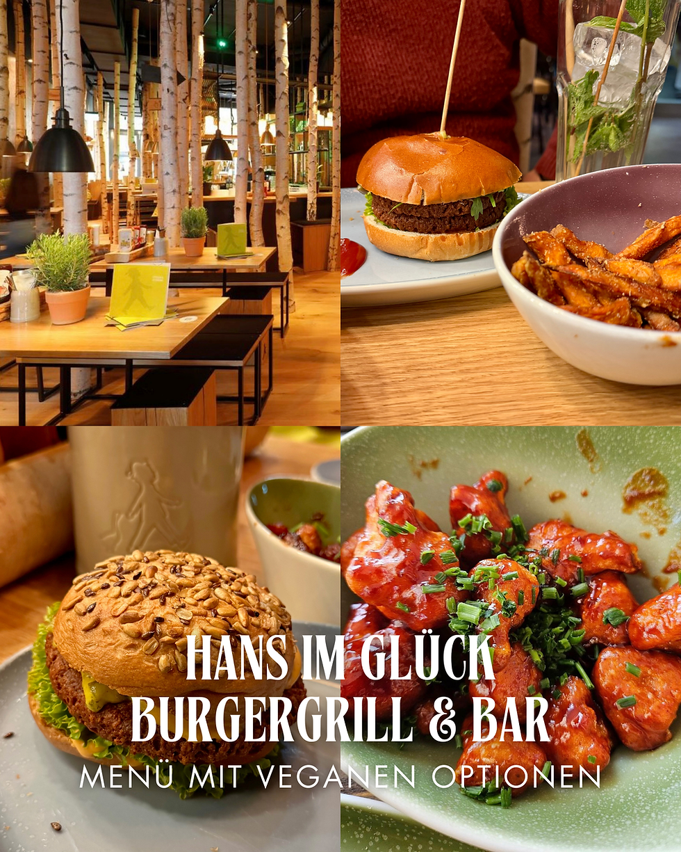 Vegane Optionen bei Hans im Glück in Berlin mit Birkenwald Ambiente, veganem Burger, Fritten und Cauliflower Wings auf dem Tisch