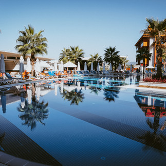 Sunny pool area with palm trees and sun loungers