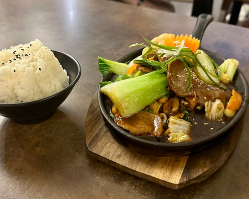 Veganes Wokgericht mit Pak Choi, Gemüse und Seitan in dunkler Sauce, serviert mit einer Schale Jasminreis im Restaurant VeVi in Wien