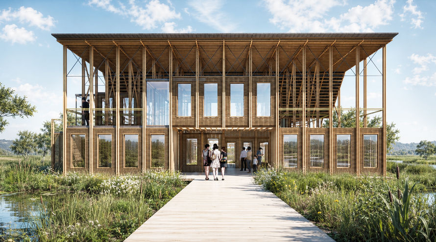 Timber-framed Sheyang pavilion facade with cross-bracing, approached by a boardwalk through wetland reeds