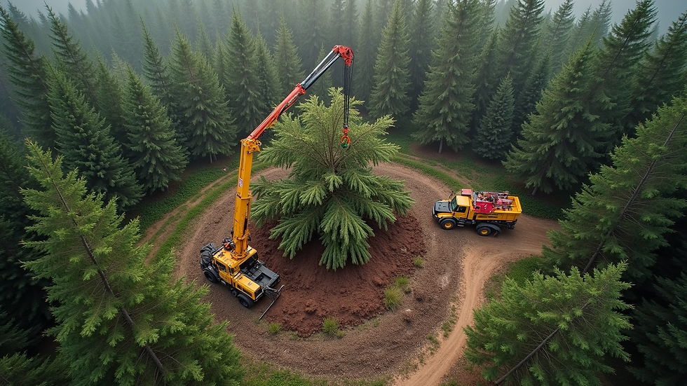 High angle view of a large tree being removed with crane equipment