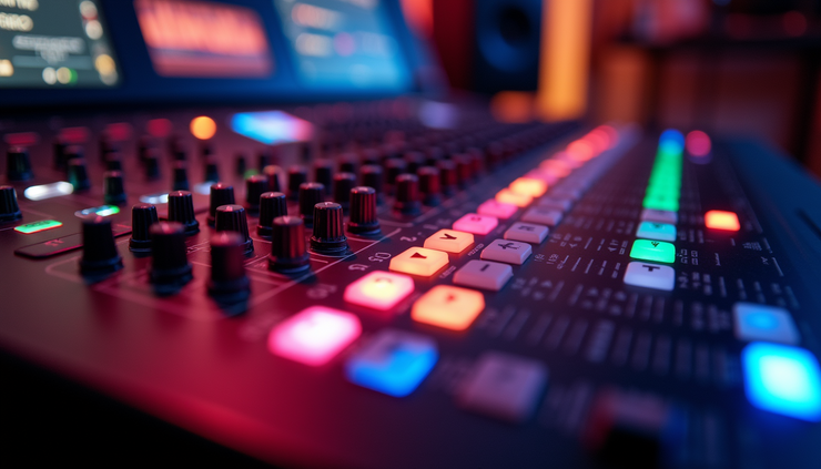 High angle view of a music studio mixing console with glowing lights