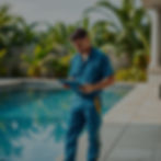 A hyper-realistic premium photograph of a pool professional in ocean-blue uniform (#0047AB