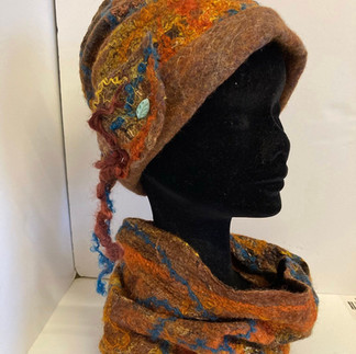 wet felted hat and scarf in dark orange