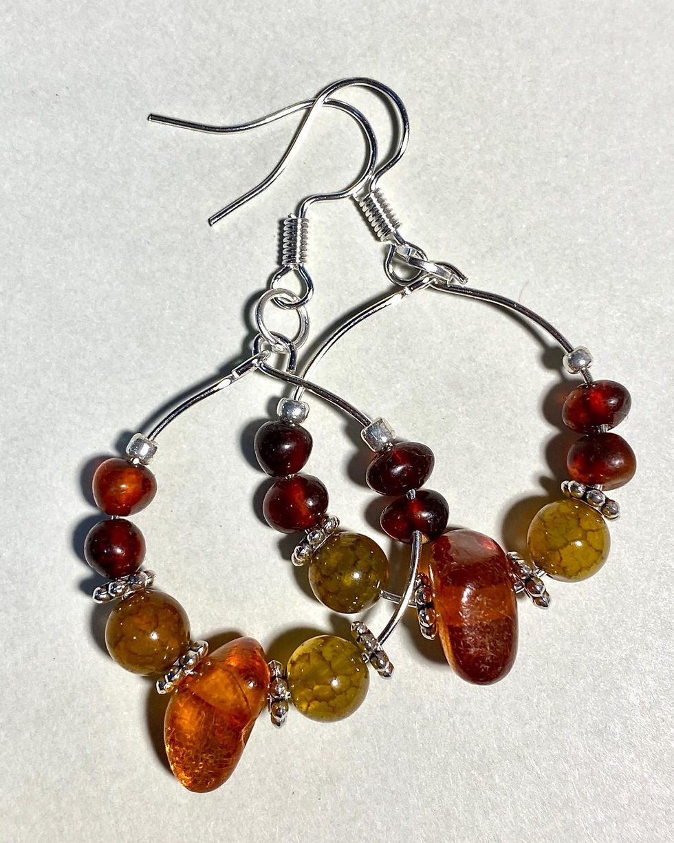 Thumbnail: Baltic Amber and Olive Green Glass Beads Hoop Earrings