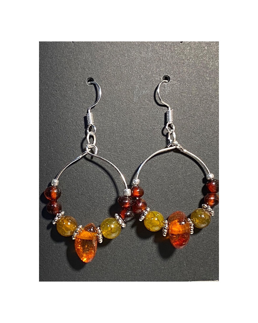Thumbnail: Baltic Amber and Olive Green Glass Beads Hoop Earrings