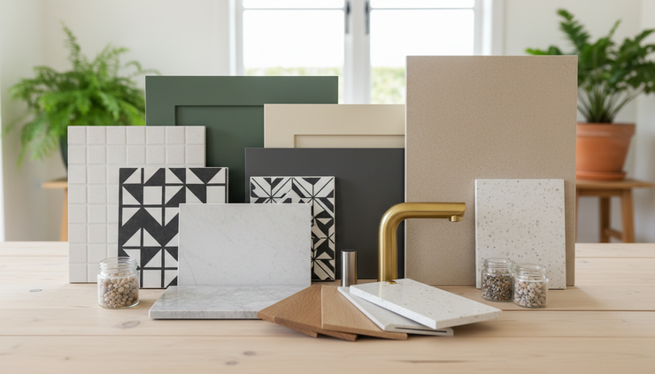 Close-up view of renovation material samples beside a kitchen tap and tile choices.