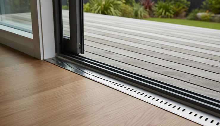 Close-up view of a flush threshold between timber flooring and an outdoor deck