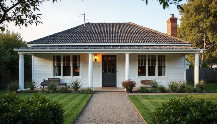 Eye-level view of a traditional Canterbury home exterior with weatherboard walls and tiled roof