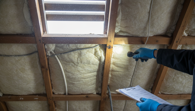Close-up view of ceiling insulation inside a timber roof space.