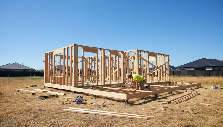Wide-angle view of a residential timber frame being built under a clear Canterbury summer sky.