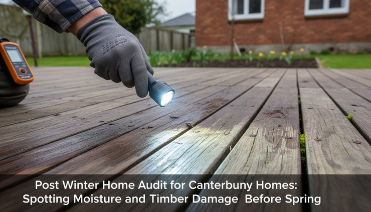 Eye-level view of a homeowner checking damp timber deck boards with a torch
