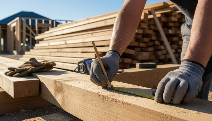 Close-up view of hands marking measurements on timber at a sunny residential building site.