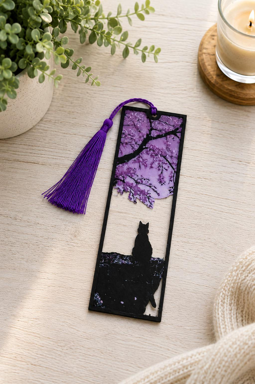 Lesezeichen 3D gedruckt - Katze und Kirschblüte