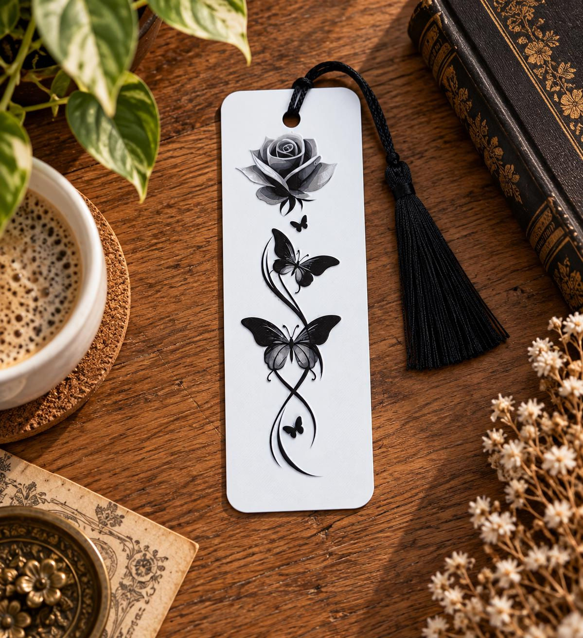 Schwarze Rose & Schmetterlinge Lesezeichen – Gothic 3D Lesezeichen