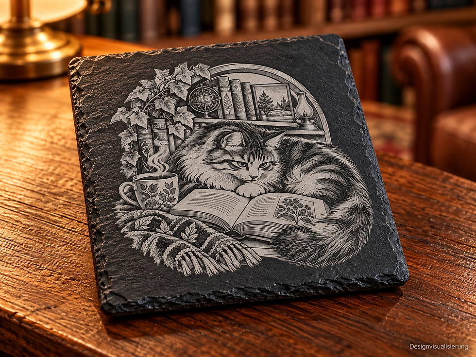 Designvisualisierung: Nahansicht eines gravierten Schieferuntersetzers aus „Cozy Reading“.
