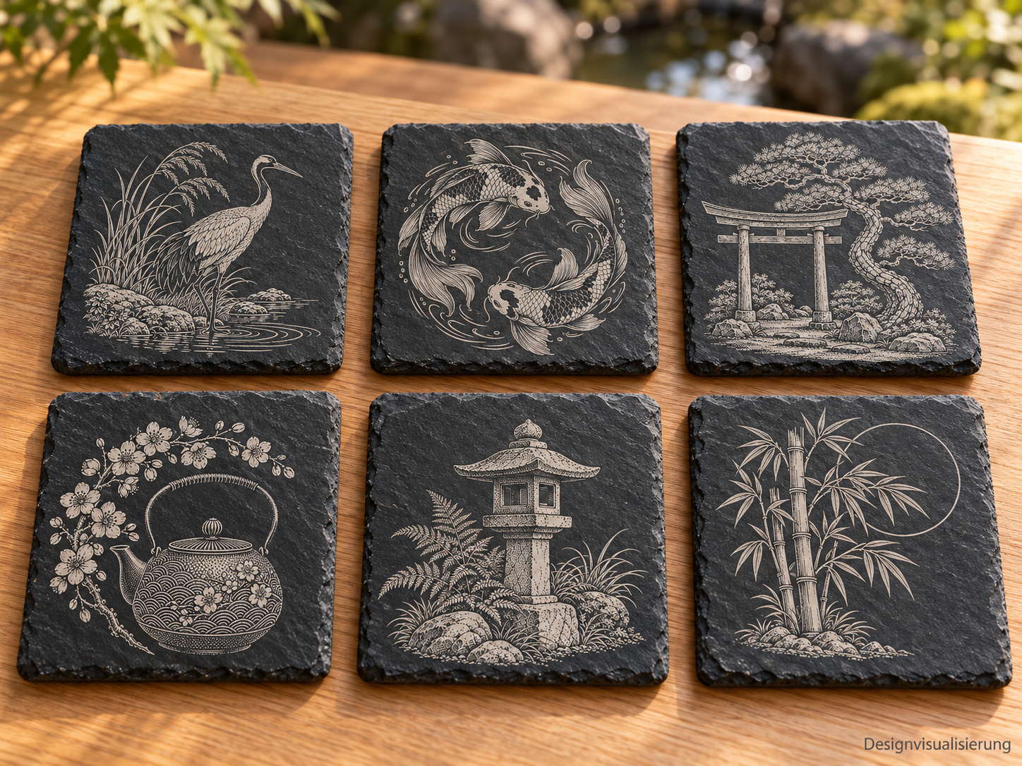 Designvisualisierung: Sechs Schieferuntersetzer Japanische Gartenruhe mit Kranich, Koi und Gartenmotiven auf Holz.