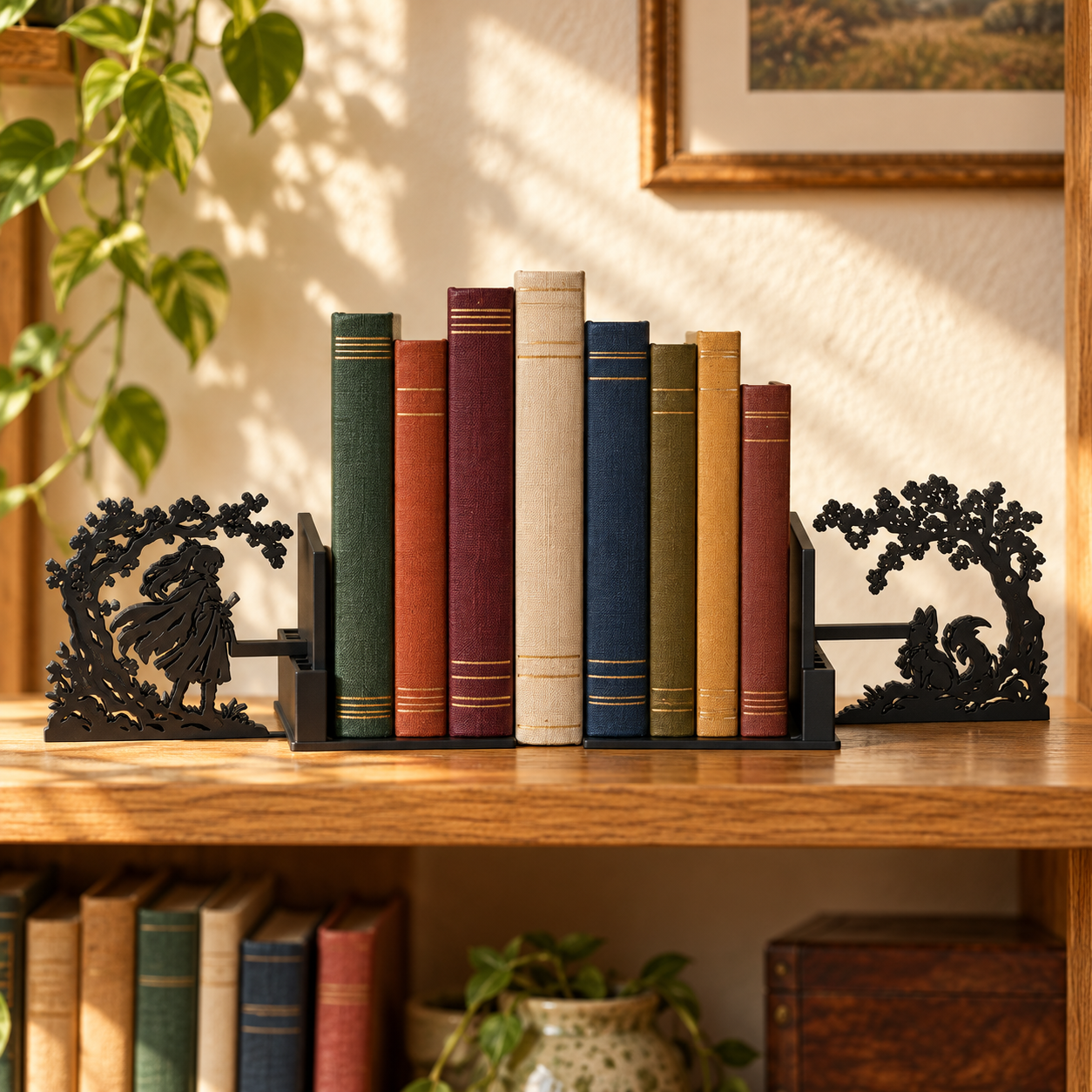 KI/AI: Schwertkämpferin & Fuchsgeist / Swordswoman & Fox – Normal, Paar im Regal / pair on shelf.