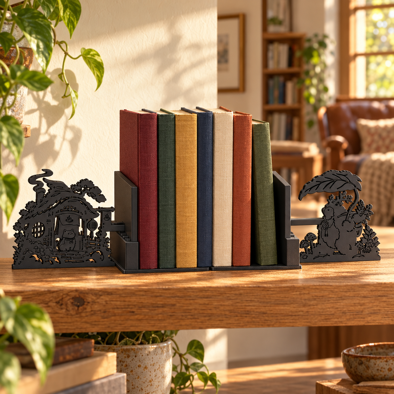 KI/AI: Badehaus & Waldgeist / Bathhouse & Forest Spirit – Normal, Paar im Regal / pair on shelf.