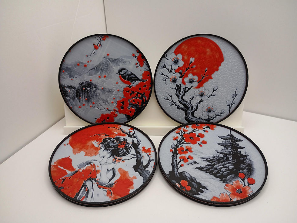 Japanische Untersetzer Set mit Halter – Geisha, Sakura, Pagode & Sonne