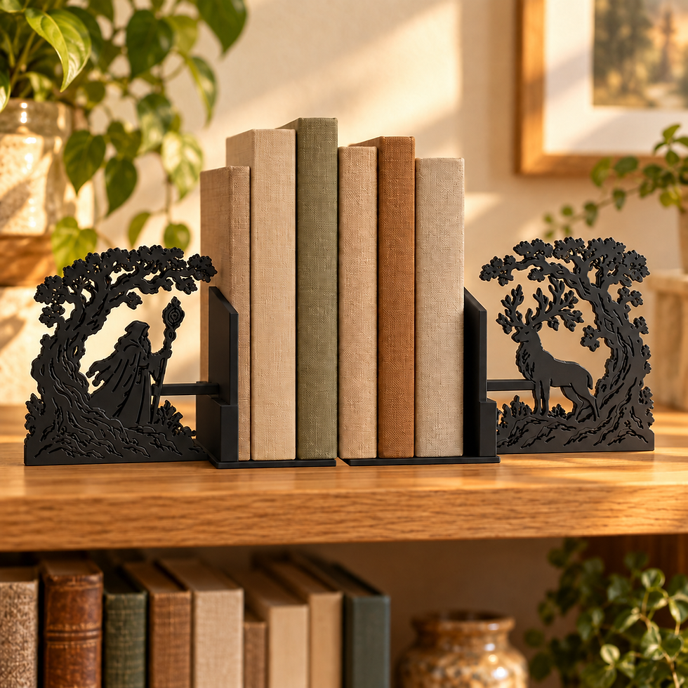 KI/AI: Magier & Waldhirsch / Wizard & Stag – Normal, Paar im Regal / pair on shelf.