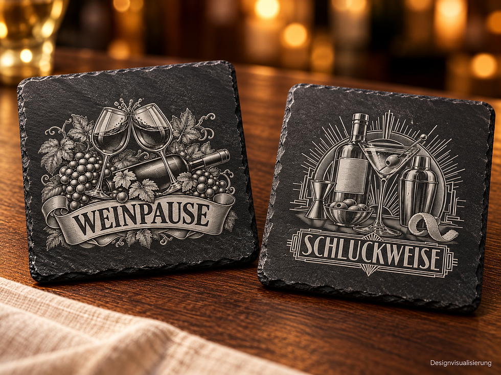 Miniaturbild: Designvisualisierung: Schieferuntersetzer aus „Saufen!“ als dekorative Geschenkidee.