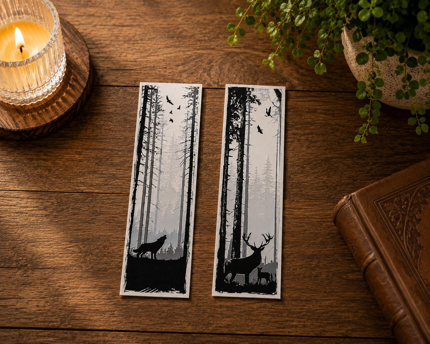Waldgeflüster Lesezeichen Set – Hirsch & Wolf im Nebelwald
