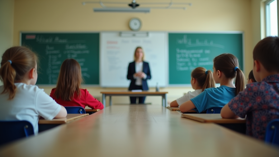 Eye-level view of a classroom with engaged students and a teacher