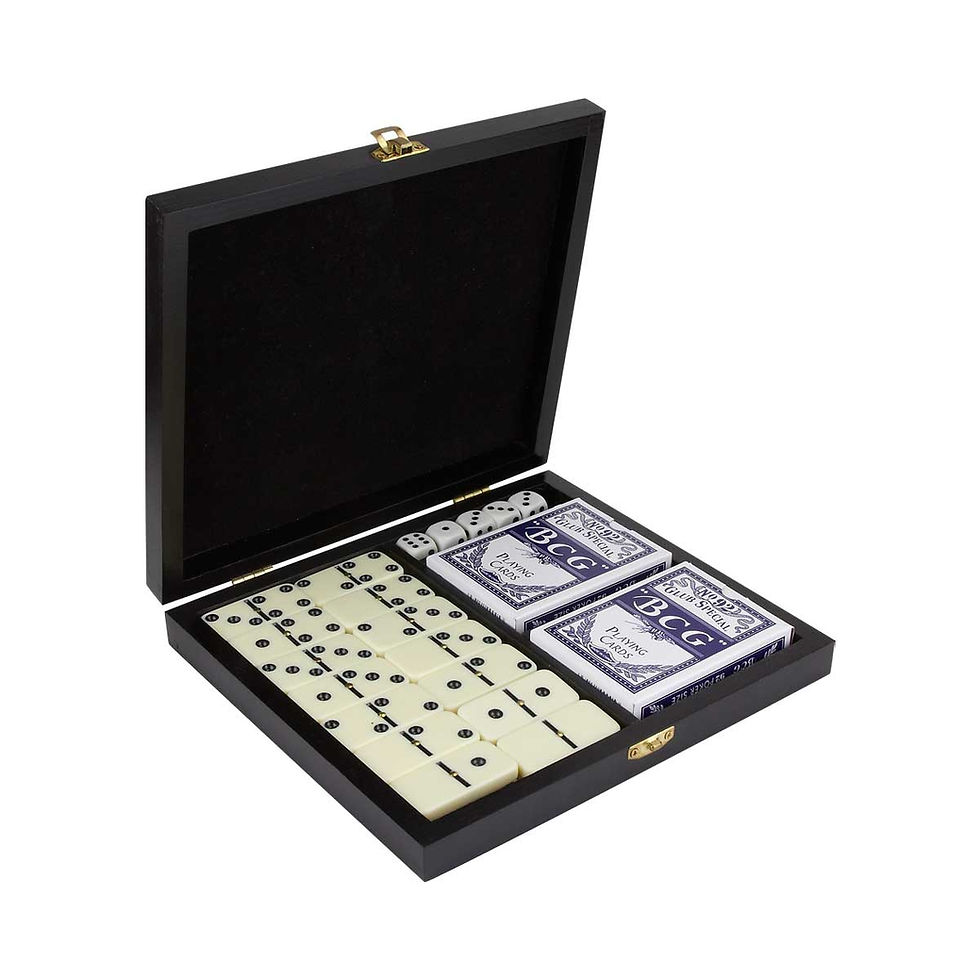 set de juego arua Incluye caja de madera, dominó con 28 piezas, 2 barajas y 5 dados.
