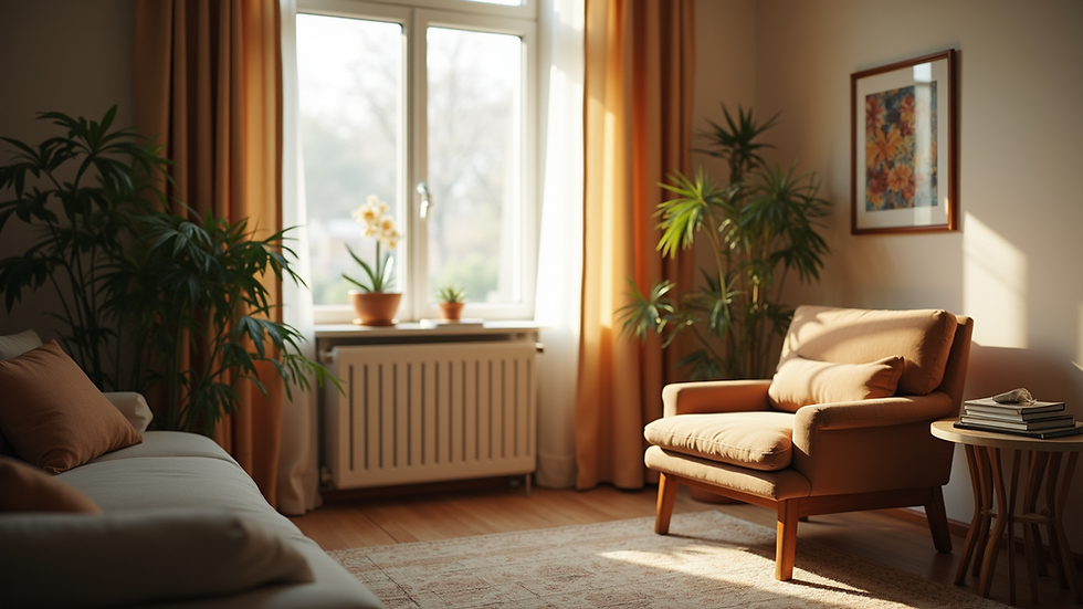 Eye-level view of a cozy room with a comfortable chair and soft lighting
