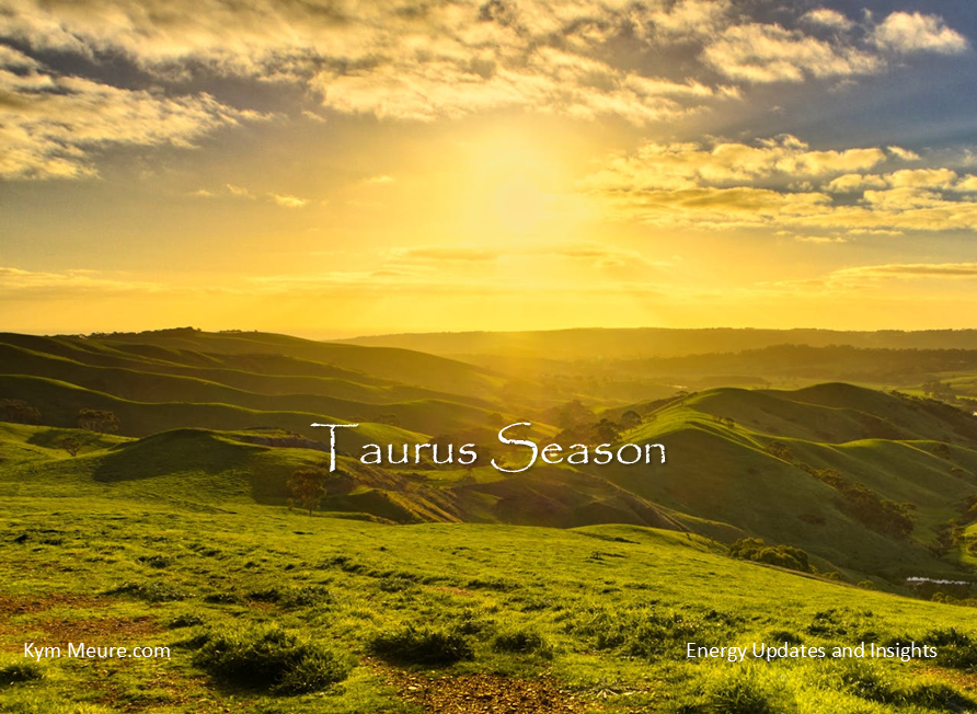Sunrise over lush green hills with "Taurus Season" text. Bright yellow sky with scattered clouds. Calm and serene landscape.
