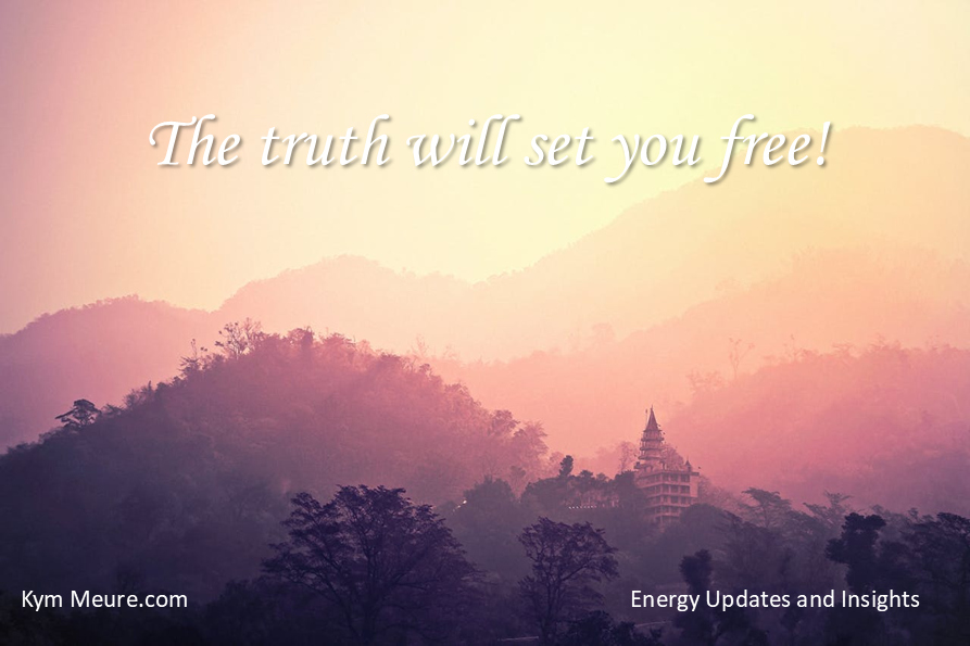 Pink-hued landscape with mountains and a distant temple. Text reads: "The truth will set you free!" Calm, serene mood.