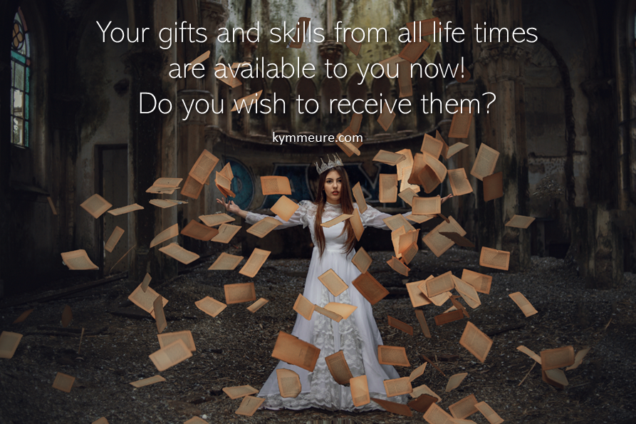 A woman in a white dress and crown stands in an old building as pages float around her. Text reads, "Your gifts and skills...kymmeure.com".