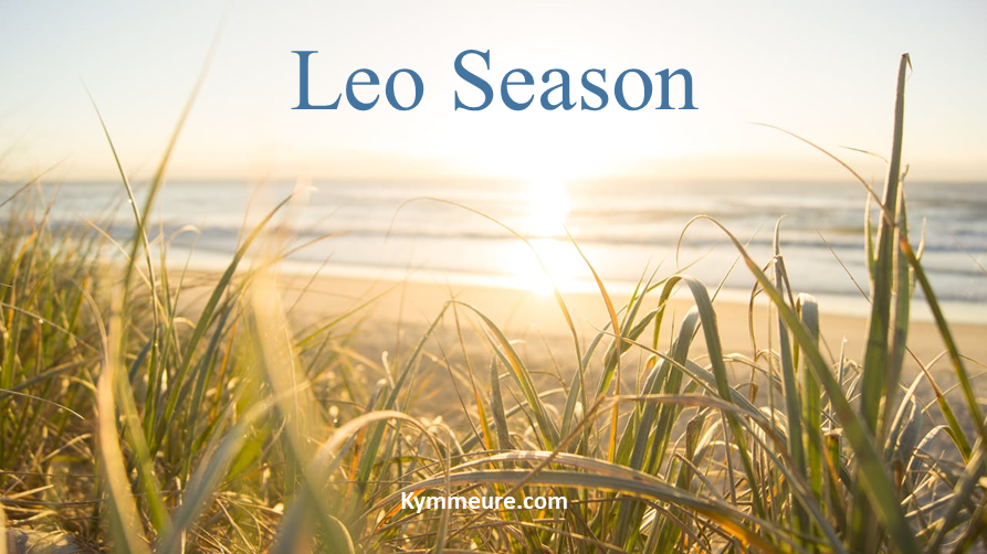 Sunlit beach horizon with tall grasses in the foreground. Text reads "Leo Season" and "Kymmeure.com", conveying a serene mood.