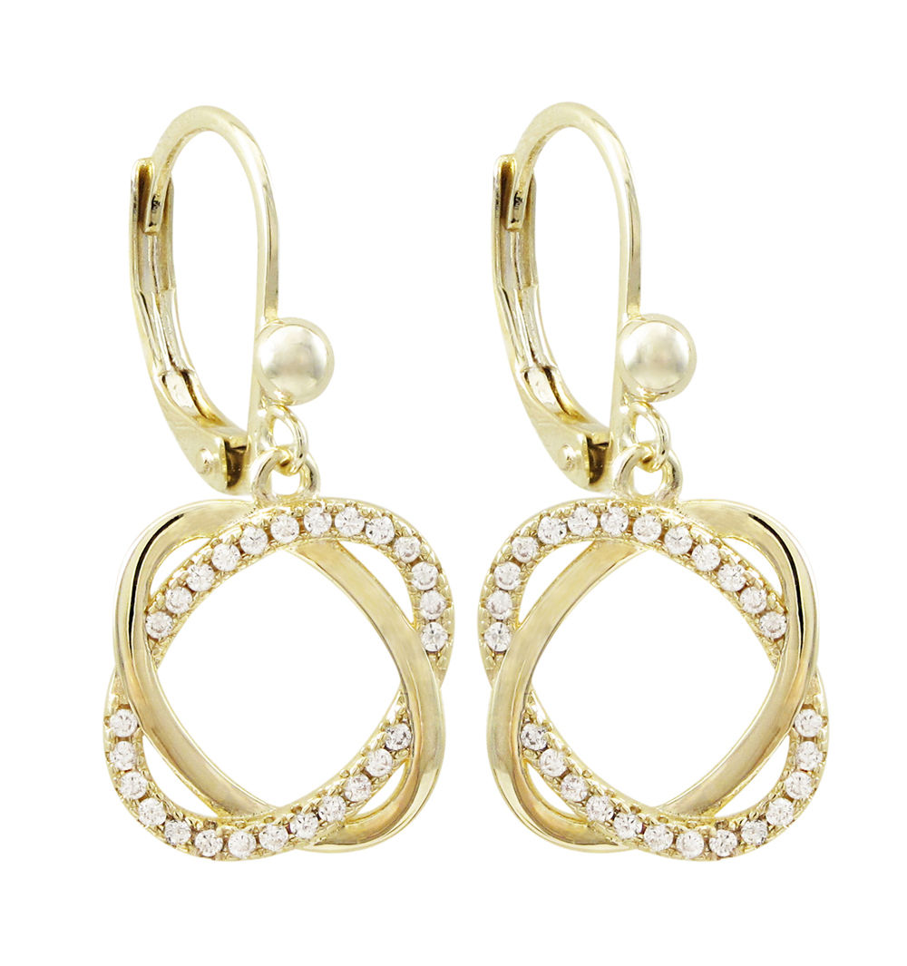 White CZ Interlocking Open Ovals, Gold Plated Surgical Steel Lever Back Earrings