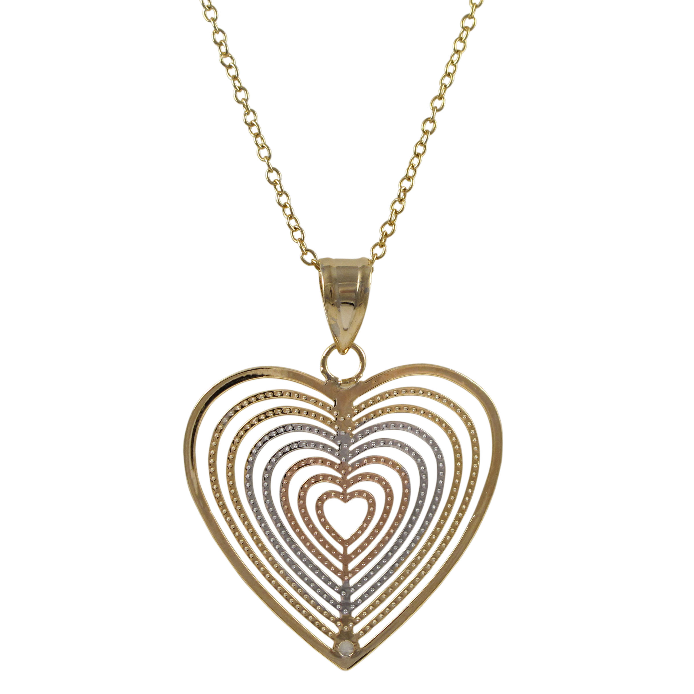 Tri Color Brass Heart Pendant, On Gold Plated Brass Chain