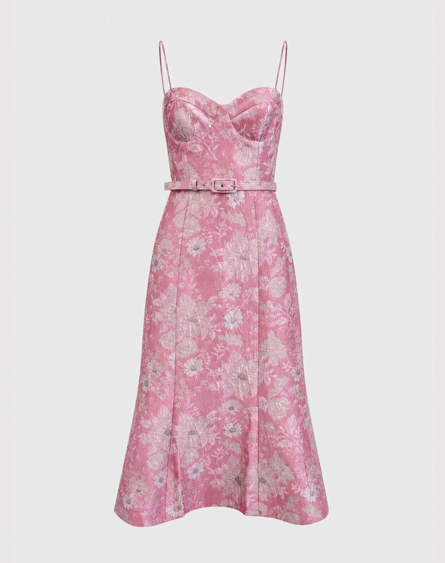 Miniatura: Vestido midi jacquard brocado Ariela rosa Amissima