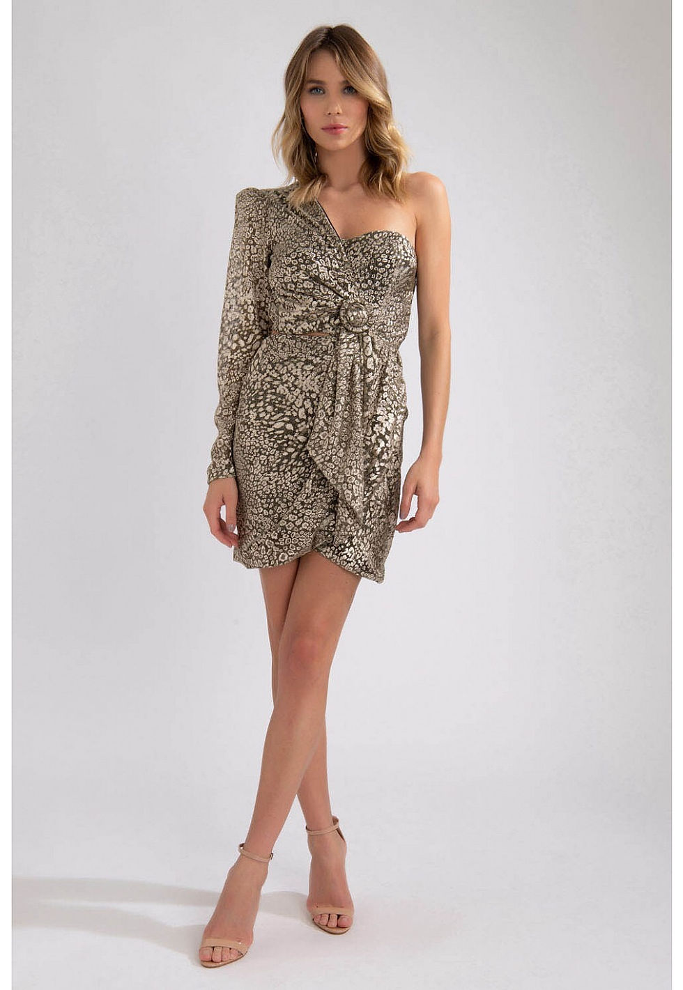 Miniatura: Vestido curto onça lurex dourada ombro só PatBo
