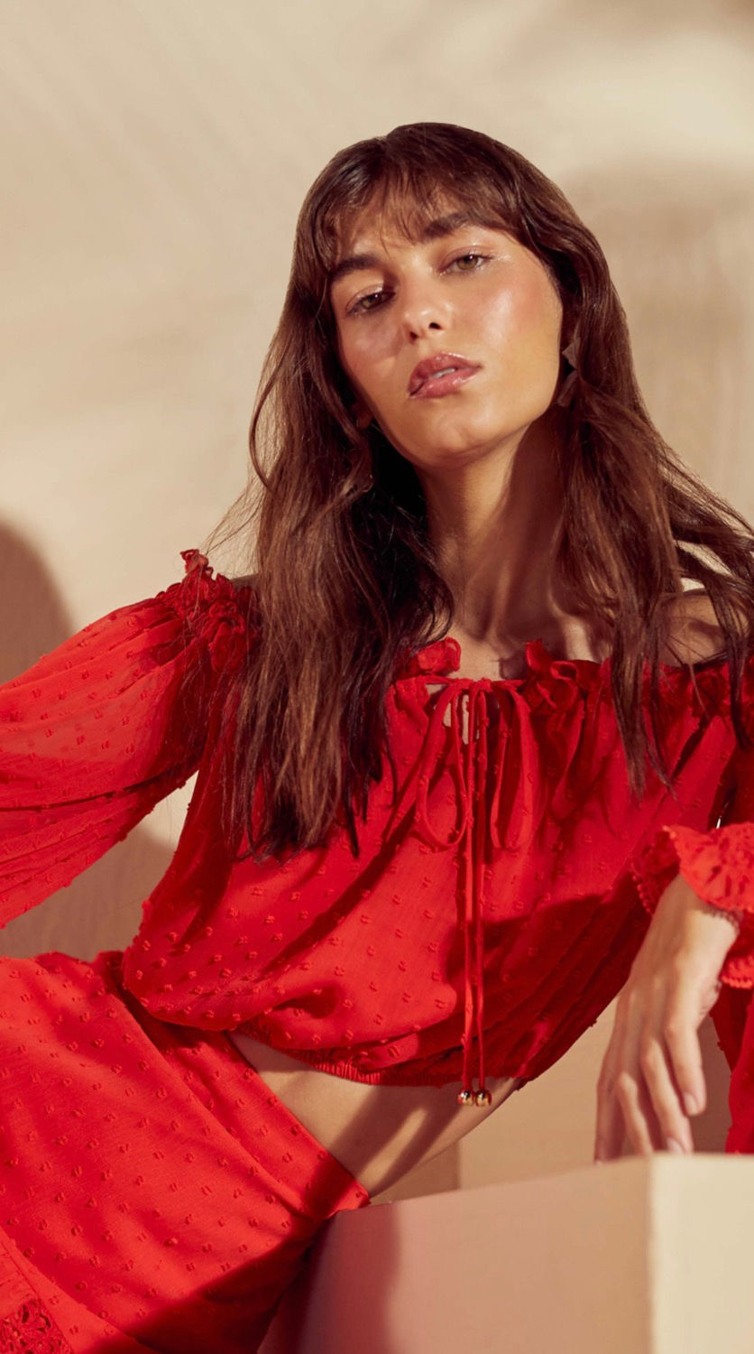 Miniatura: Conjunto blusa e saia tecido bordado vermelho Skazi