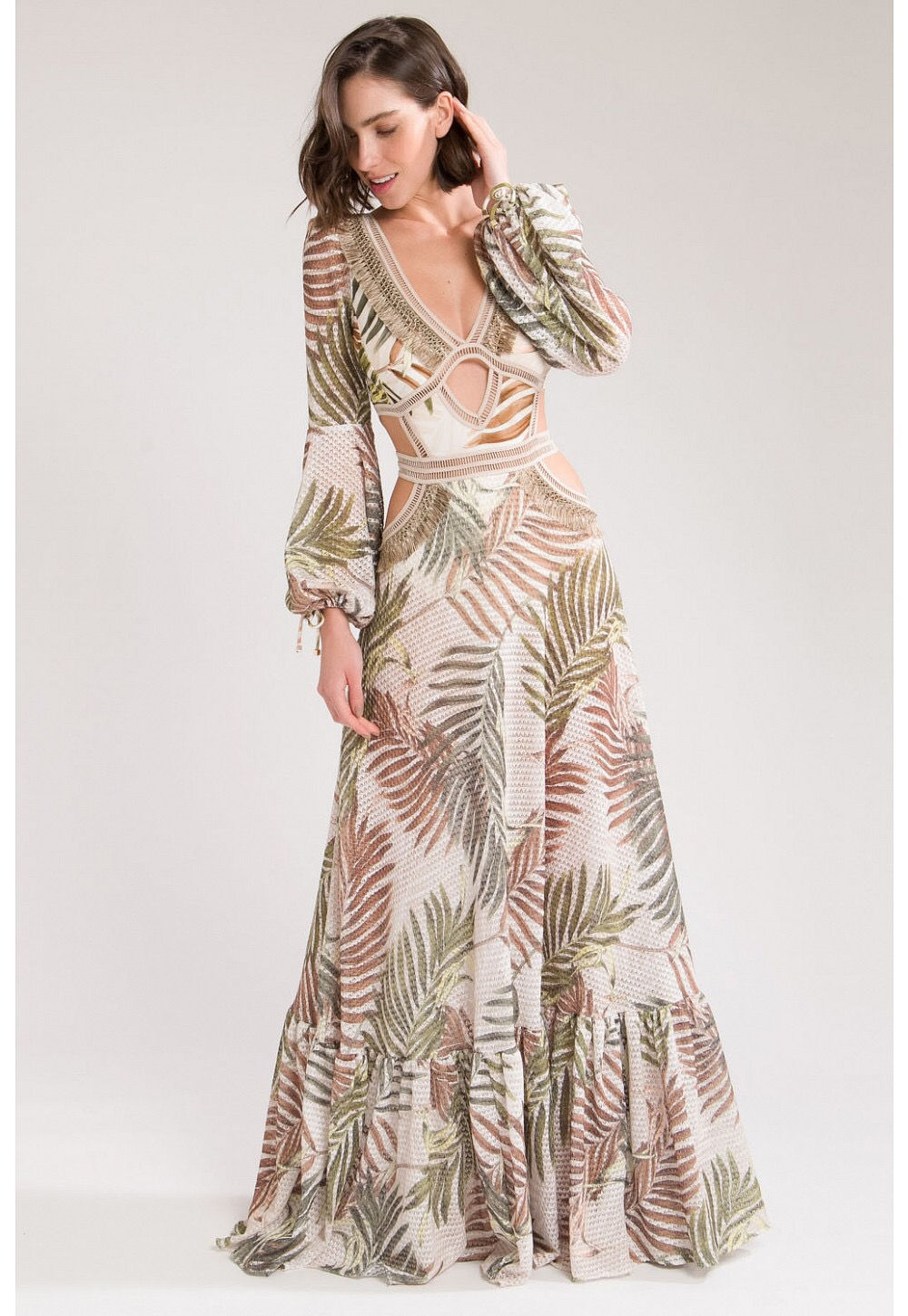 Vestido longo recortes estampa PatBo
