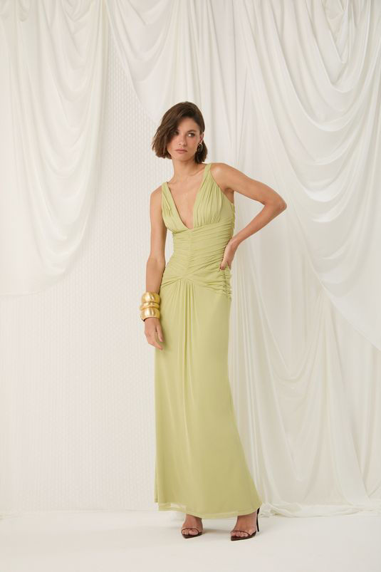 Miniatura: Vestido longo em tule drapeado Mia verde claro Iorane