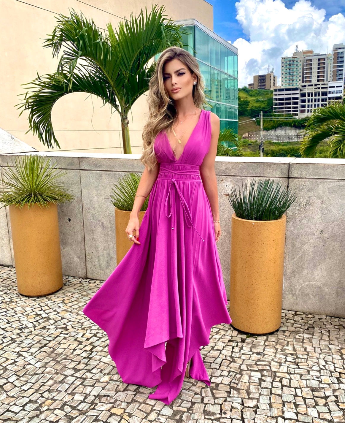 Vestido longo pespontado rosa orquídea Skazi
