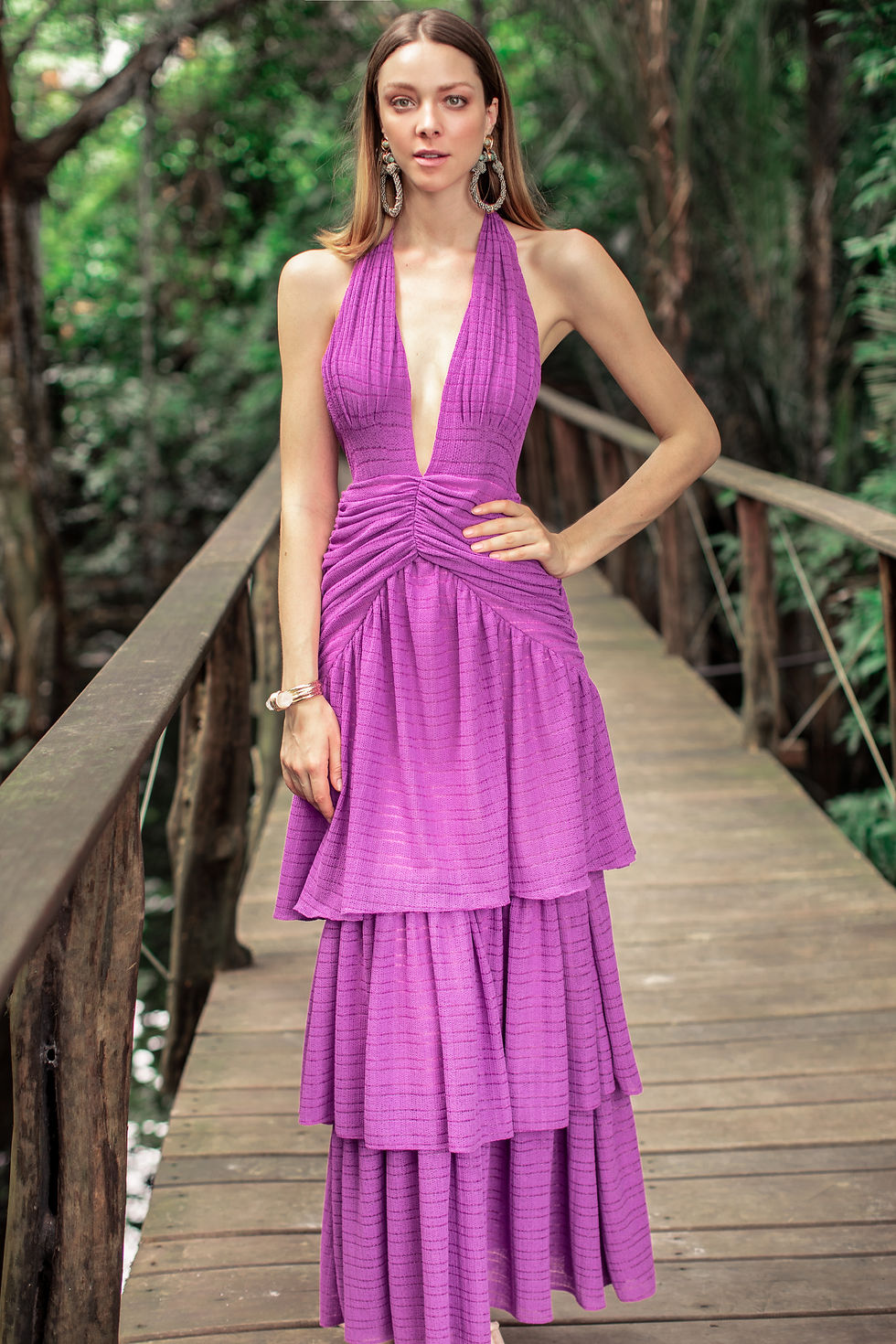 Miniatura: Vestido longo decote camadas PatBo textura roxo