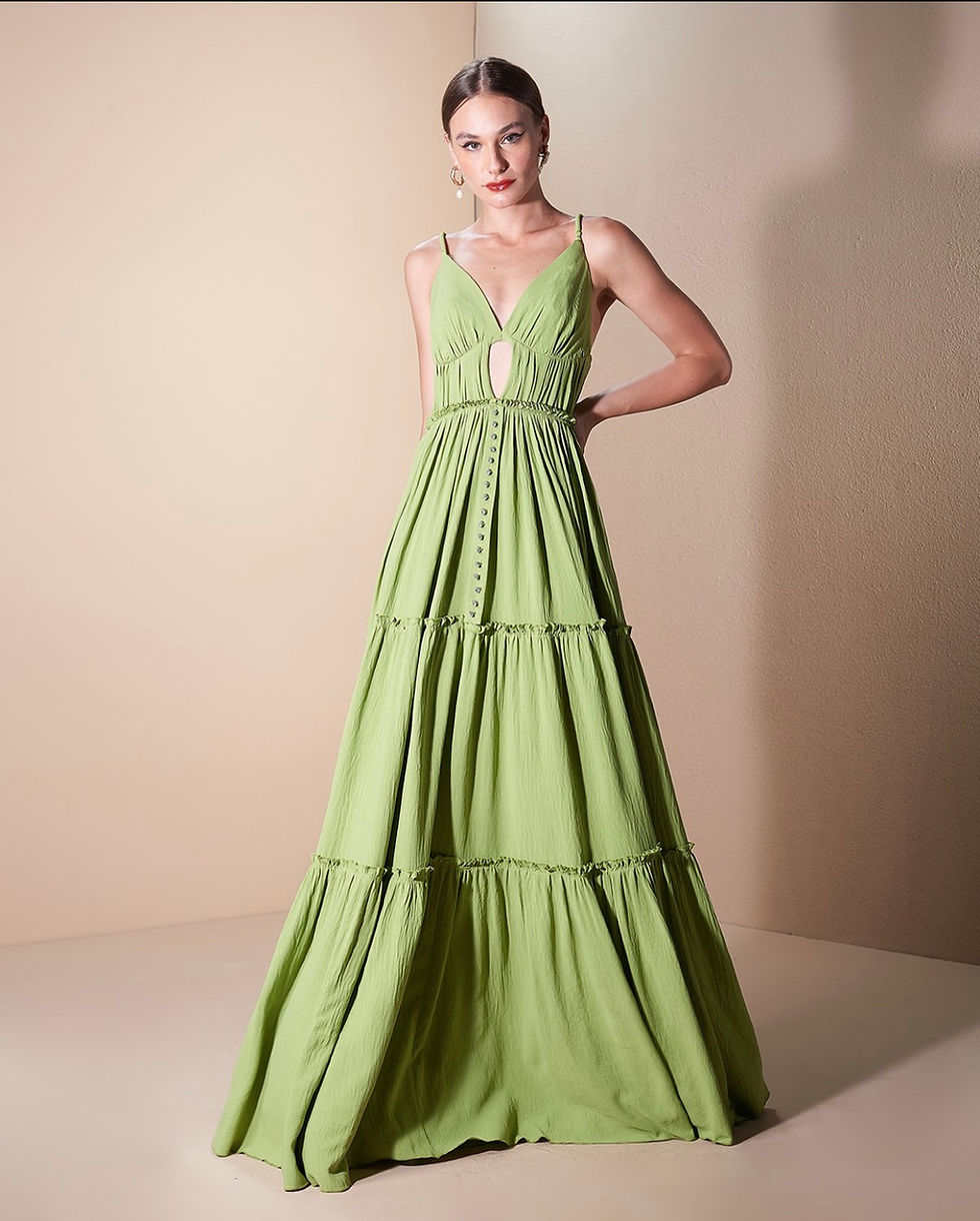Vestido longo botões cristais decote Skazi verde