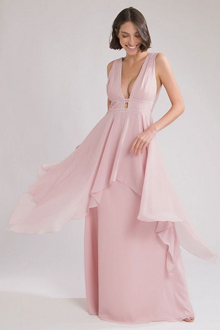 Thumbnail: Vestido longo rosa claro camadas PatBo